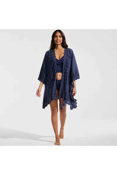 Lands' End Women's Cotton Eyelet Tie Kimono Cover-up In Blue