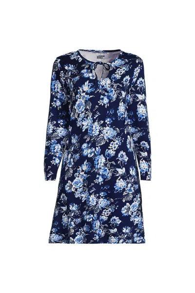 Lands' End Women's Cotton Interlock Long Sleeve Above The Knee Nightgown In Blue