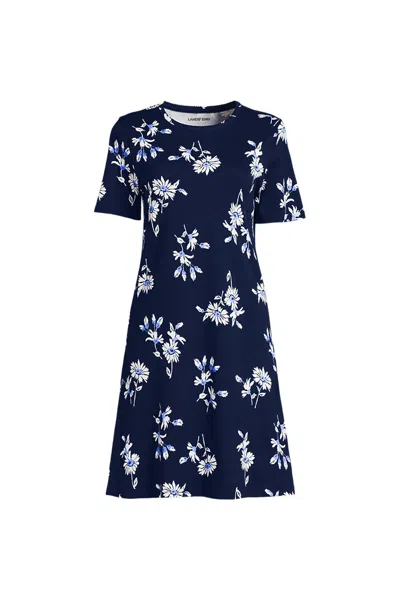 Lands' End Women's Cotton Interlock Short Sleeve Knee Length Gown In Blue