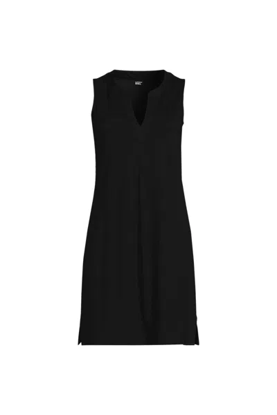 Lands' End Women's Cotton Jersey Notch Neck Dress In Black
