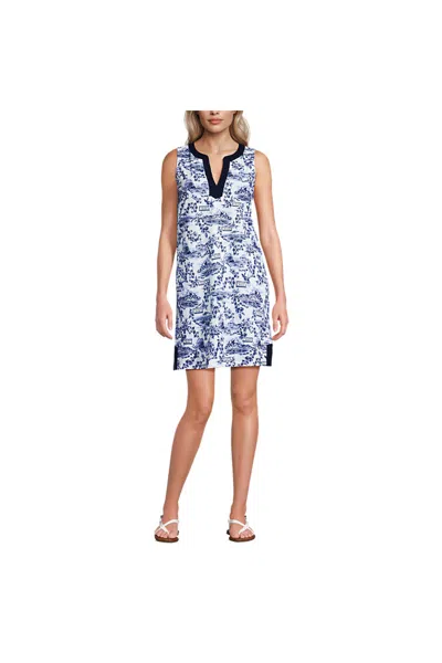 Lands' End Women's Cotton Jersey Notch Neck Dress In Blue