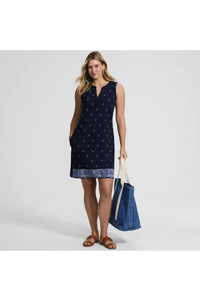 Lands' End Women's Cotton Jersey Notch Neck Dress In Blue
