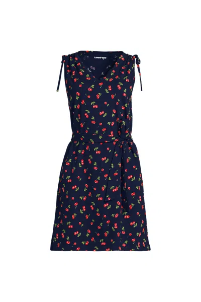 Lands' End Women's Cotton Jersey Shoulder Tie Belted Mini Dress In Blue