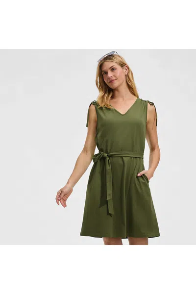 Lands' End Women's Cotton Jersey Shoulder Tie Belted Mini Dress In Green