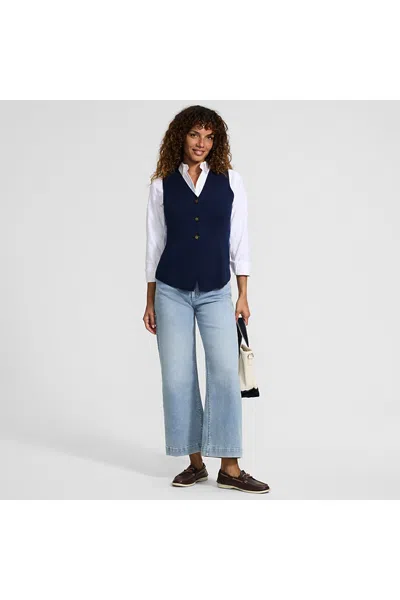 Lands' End Women's Cotton Milano V-neck Vest Sweater In Blue