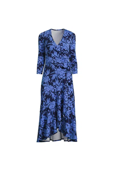 Lands' End Women's Cotton Modal 3/4 Sleeve Vneck Wrap Dress In Blue