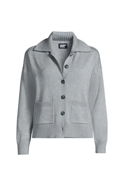 Lands' End Women's Cotton Modal Collared Rib Cardigan Sweater In Gray