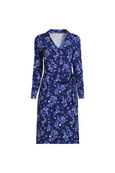 Lands' End Women's Cotton Modal Collared Wrap Dress In Blue
