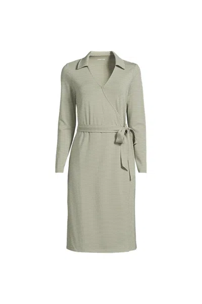 Lands' End Women's Cotton Modal Collared Wrap Dress In Green