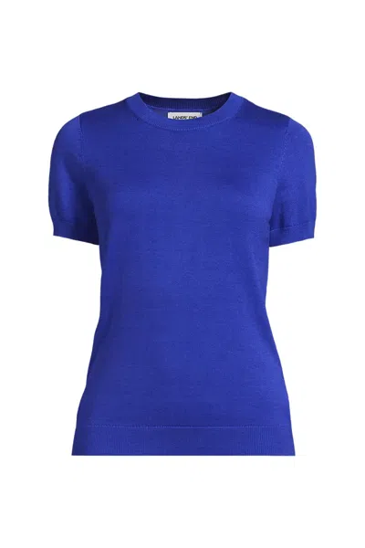 Lands' End Women's Cotton Modal Short Sleeve Jewel Neck Pullover Sweater In Blue