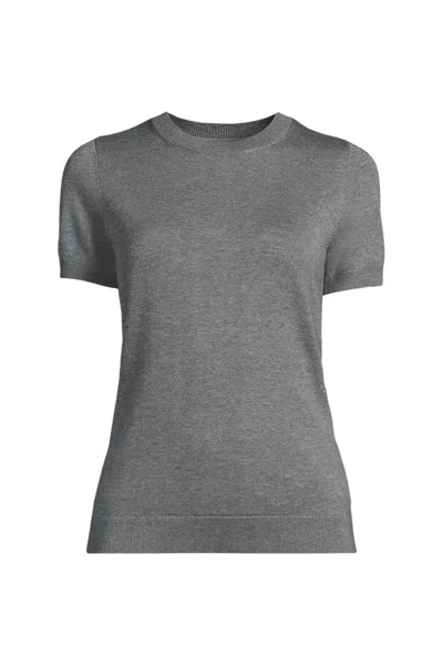 Lands' End Women's Cotton Modal Short Sleeve Jewel Neck Pullover Sweater In Gray