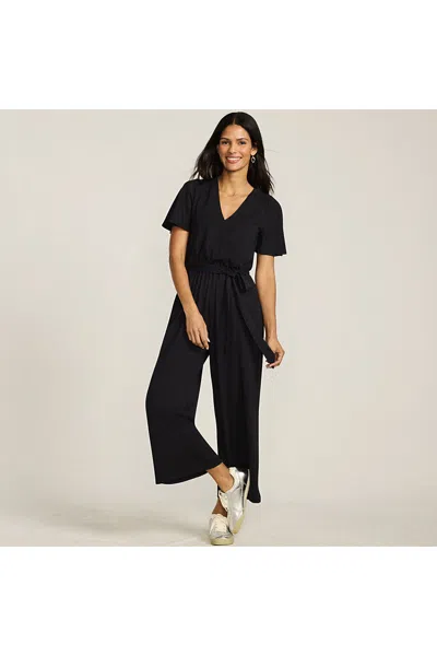 Lands' End Women's Cotton Modal Tie Waist V Neck Jumpsuit In Black