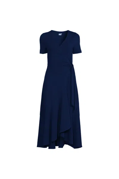 Lands' End Women's Cotton Modal V-neck Wrap Midi Dress In Blue