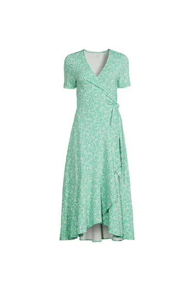 Lands' End Cotton Modal Vneck Wrap Mini Dress In Frosted Green Flower Patch
