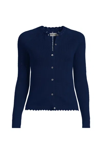 Lands' End Women's Cotton Pointelle Satin Trim Cardigan Sweater In Blue