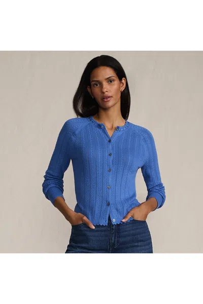 Lands' End Women's Cotton Pointelle Satin Trim Cardigan Sweater In Blue