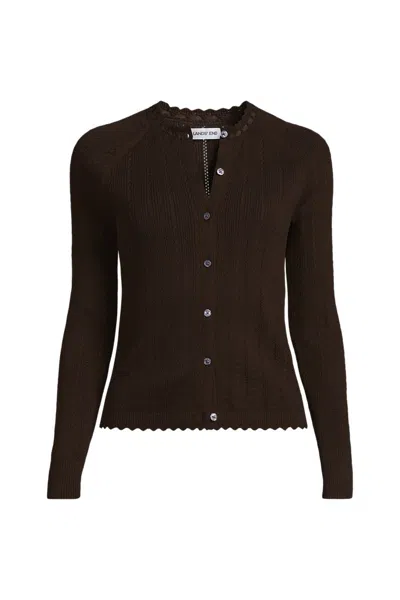Lands' End Women's Cotton Pointelle Satin Trim Cardigan Sweater In Brown
