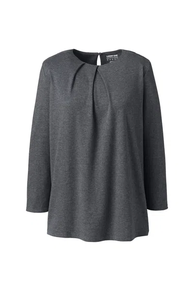 Lands' End Women's Cotton Polyester 3/4 Sleeve Pleat Neck Top In Gray