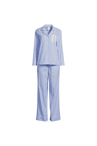 Lands' End Women's Cotton Poplin 2 Piece Pajama Set - Long Sleeve Top And Pants In Blue