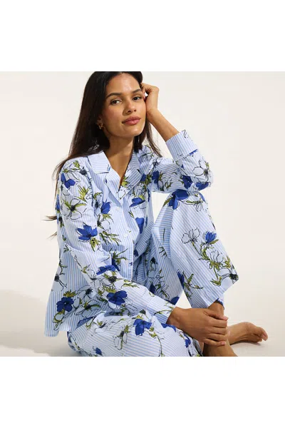Lands' End Women's Cotton Poplin 2 Piece Pajama Set - Long Sleeve Top And Pants In Blue
