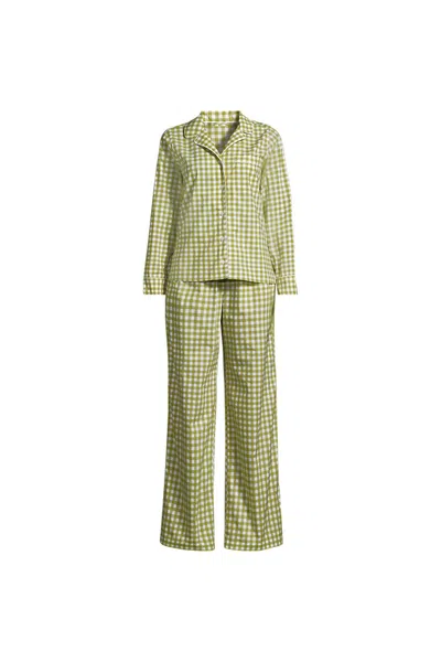 Lands' End Women's Cotton Poplin 2 Piece Pajama Set - Long Sleeve Top And Pants In Green
