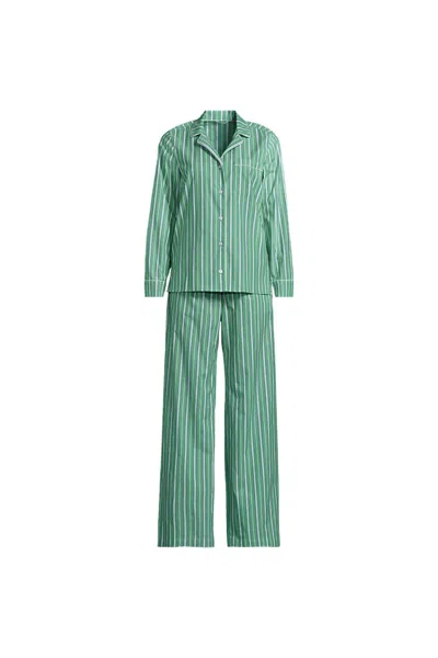 Lands' End Women's Cotton Poplin 2 Piece Pajama Set - Long Sleeve Top And Pants In Green