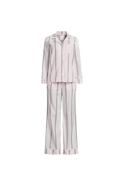 Lands' End Women's Cotton Poplin 2 Piece Pajama Set - Long Sleeve Top And Pants In Neutral