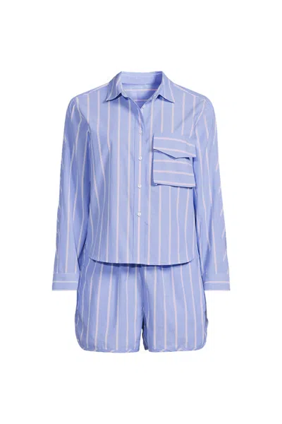 Lands' End Women's Cotton Poplin 2 Piece Pajama Set - Long Sleeve Top And Shorts With Piping In Blue