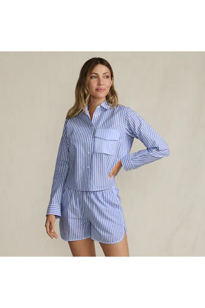 Lands' End Women's Cotton Poplin 2 Piece Pajama Set - Long Sleeve Top And Shorts With Piping In Blue