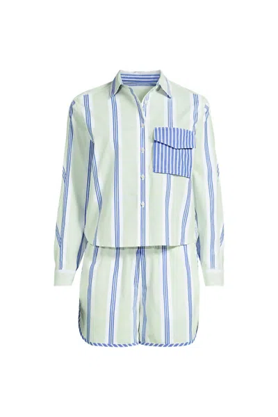 Lands' End Women's Cotton Poplin 2 Piece Pajama Set - Long Sleeve Top And Shorts With Piping In Multi