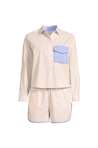 Lands' End Women's Cotton Poplin 2 Piece Pajama Set - Long Sleeve Top And Shorts With Piping In Pink