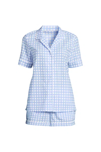 Lands' End Women's Cotton Poplin 2 Piece Pajama Set - Short Sleeve Top And Shorts In Blue