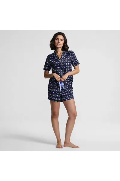 Lands' End Women's Cotton Poplin 2 Piece Pajama Set - Short Sleeve Top And Shorts In Blue
