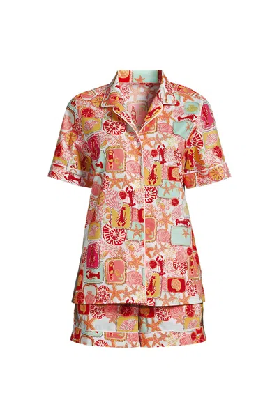 Lands' End Women's Cotton Poplin 2 Piece Pajama Set - Short Sleeve Top And Shorts In Multi