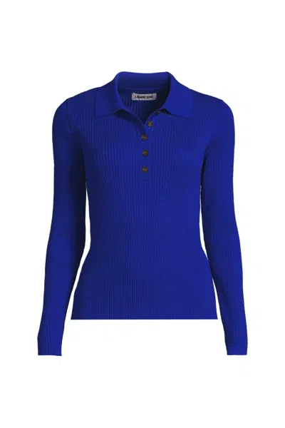 Lands' End Women's Cotton Ribbed Long Sleeve Polo Sweater In Blue