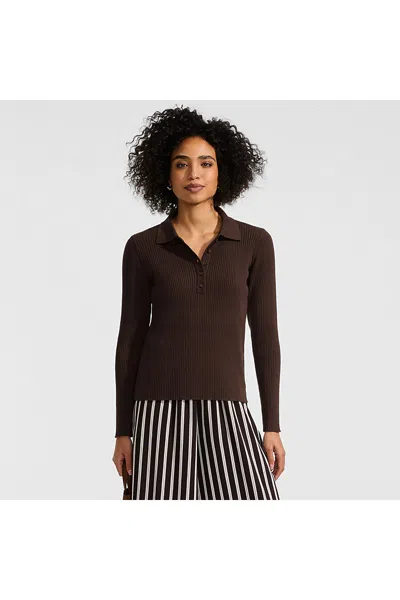 Lands' End Women's Cotton Ribbed Long Sleeve Polo Sweater In Brown