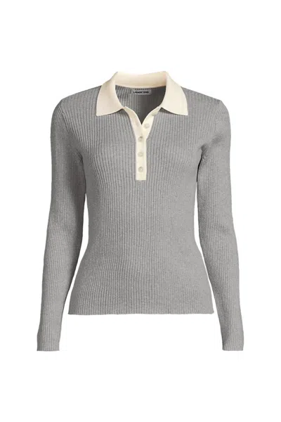 Lands' End Women's Cotton Ribbed Long Sleeve Polo Sweater In Gray