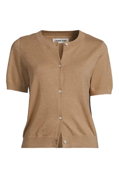Lands' End Women's Cotton Short Sleeve Crew Neck Cardigan Sweater In Brown