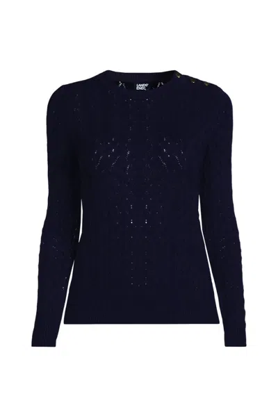 Lands' End Women's Cotton Viscose Button Shoulder Modern Crew Sweater In Blue
