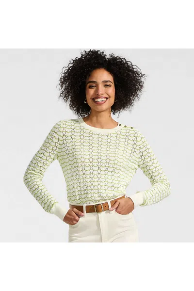 Lands' End Women's Cotton Viscose Button Shoulder Modern Crew Sweater In Green