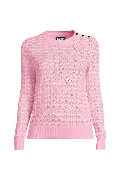 Lands' End Women's Cotton Viscose Button Shoulder Modern Crew Sweater In Pink