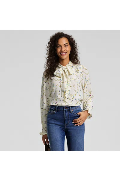 Lands' End Women's Creaseless Button Front Blouse With Tie In Neutral