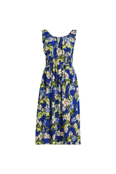 Lands' End Women's Creaseless Scoop Neck Smocked Midi Dress In Blue