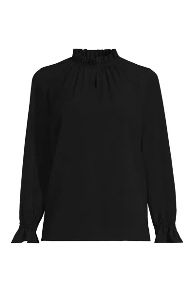 Lands' End Women's Crepe Long Sleeve Convertible Ruffle Collar Blouse In Black