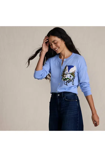 Lands' End Women's Cropped Placed Jacquard Fine Gauge Crew Neck Cardigan Sweater In Blue