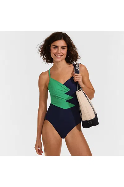 Lands' End Women's D-cup New Slendersuit Pleated Low Leg One Piece Swimsuit In Multi