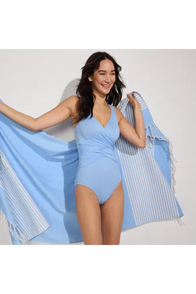 Lands' End Women's D-cup Slendersuit Shine Wrap One Piece Swimsuit In Blue