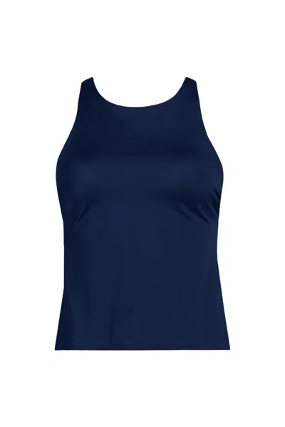 Lands' End Women's D-cup Tugless High Neck Strappy Back Tankini Swimsuit Top In Blue