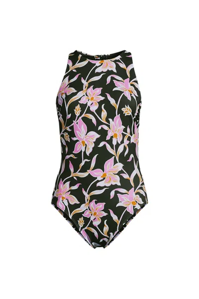 Lands' End Women's Dd-cup Tugless High Neck Portrait Back One Piece Swimsuit In Multi