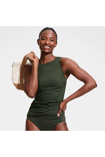 Lands' End Women's Ddd-cup Chlorine Resistant High Neck Upf 50 Modest Tankini Swimsuit Top In Green
